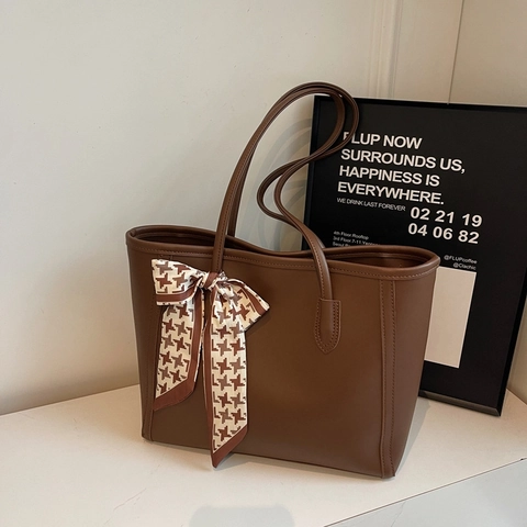 Borsa Tote Grande Capacità Borsa A Mano In Pelle PU Con Decorazione Fiocco Sciarpa Di Raso Pied De Poule Ufficio