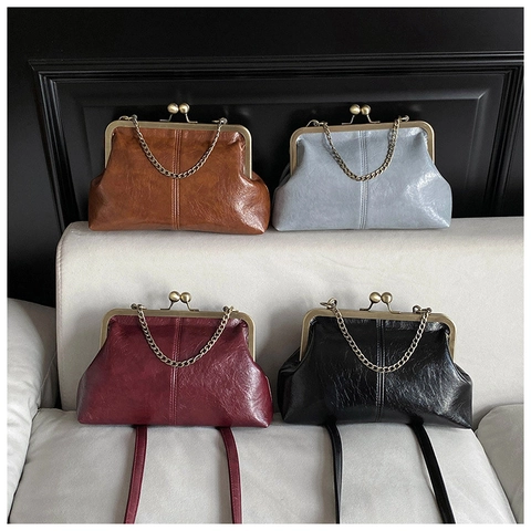Vintage Kiss Lock Shoulder Bag Retro PU Leather Shell Shape Crossbody Handbag Metal Chain Solid Color For Women
