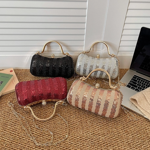 Pailletten Avondtas Gestreepte Glitter Clutch Met Metalen Handvat En Kettingriem Voor Bruiloft Feest Vintage Dames Handtas