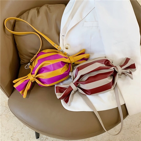 Bolso Bandolera De Cuero PU Con Forma De Caramelo Patrón De Rayas Color En Contraste Novedad Bolso De Hombro Retro Mujer
