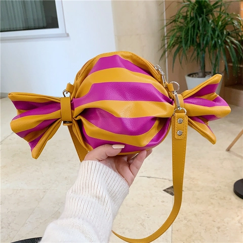Bolso Bandolera De Cuero PU Con Forma De Caramelo Patrón De Rayas Color En Contraste Novedad Bolso De Hombro Retro Mujer