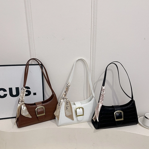 Women Croc Embossed Underarm Bag Vintage PU Leather Baguette Bag With Gold Buckle And Decorative Scarf Shoulder Handbag