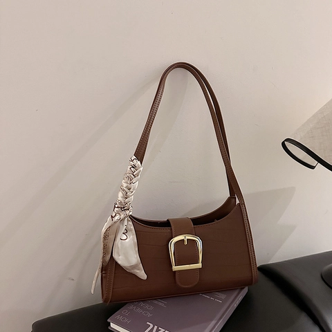 Women Croc Embossed Underarm Bag Vintage PU Leather Baguette Bag With Gold Buckle And Decorative Scarf Shoulder Handbag