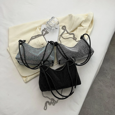Rhinestone Crossbody Bag For Women Full Sparkly Underarm Shoulder Handbag With Chain Strap Knot Handle