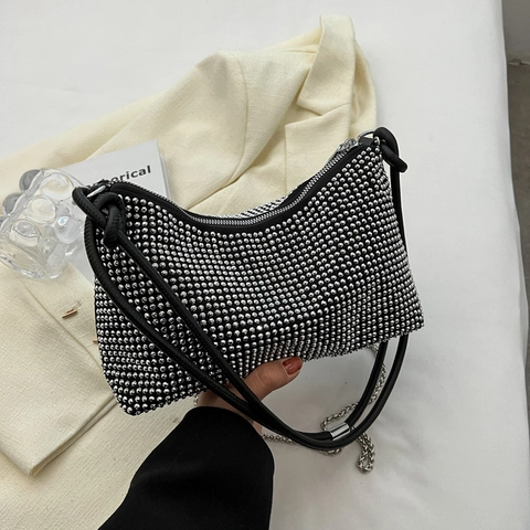 Rhinestone Crossbody Bag For Women Full Sparkly Underarm Shoulder Handbag With Chain Strap Knot Handle