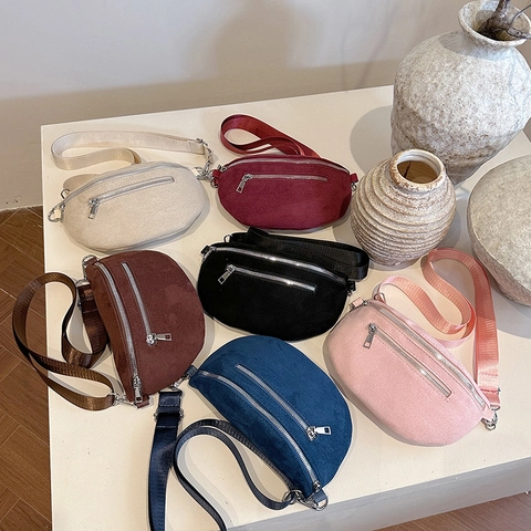 Damen Umhängetasche Aus Wildleder Halbmond Mode Niche Brusttasche Doppelreißverschluss Breiter Verstellbarer Gurt