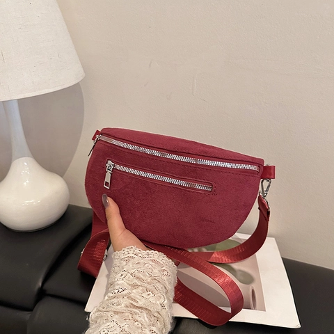 Damen Umhängetasche Aus Wildleder Halbmond Mode Niche Brusttasche Doppelreißverschluss Breiter Verstellbarer Gurt