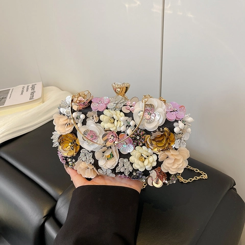 Women 3D Floral Evening Clutch Bag PU Leather Sequin Beaded Handbag With Metal Ring Handle And Chain Strap For Party