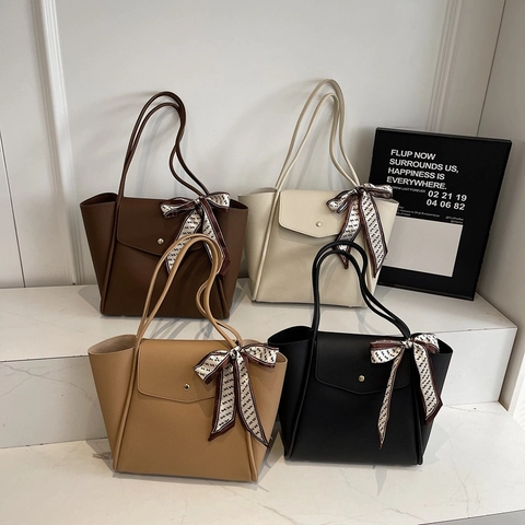 Women Large Capacity Tote Bag PU Leather Litchi Grain Commuter Shoulder Handbag With Decorative Scarf