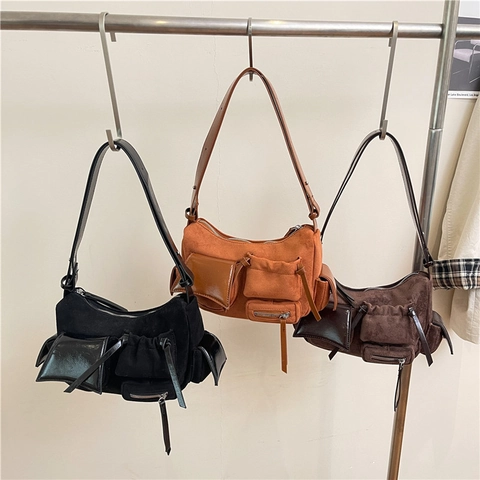 Women Multi Pocket Crossbody Bag Suede Splicing Utility Shoulder Handbag Retro Motorcycle Style Adjustable Strap