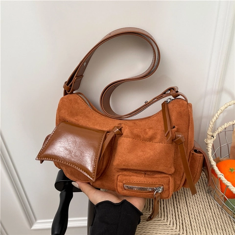 Women Multi Pocket Crossbody Bag Suede Splicing Utility Shoulder Handbag Retro Motorcycle Style Adjustable Strap