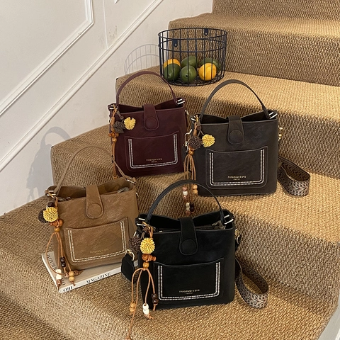 Women Bucket Bag PU Leather Wide Shoulder Strap Retro Crossbody Handbag Solid Color Elegant Fashion