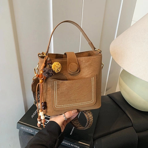 Women Bucket Bag PU Leather Wide Shoulder Strap Retro Crossbody Handbag Solid Color Elegant Fashion