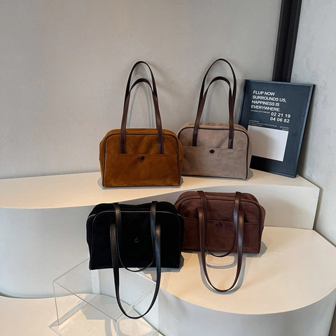 Vintage Schoudertas Met Suède Textuur Voor Dames Grote Matte PU Draagtas Onderarmtas Met Voorvak Met Gesp Retro Stijl
