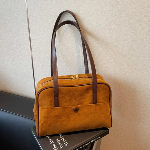 Vintage Schoudertas Met Suède Textuur Voor Dames Grote Matte PU Draagtas Onderarmtas Met Voorvak Met Gesp Retro Stijl