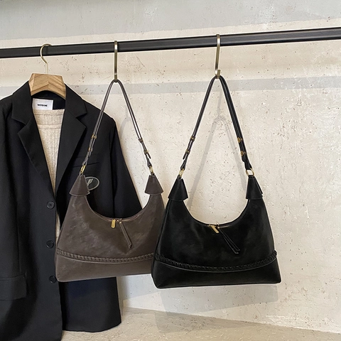 Vintage Hobo Bag Large Capacity Suede Texture PU Leather Shoulder Bag With Hand Woven Detail Crescent Purse For Women