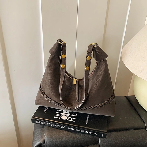 Vintage Hobo Bag Large Capacity Suede Texture PU Leather Shoulder Bag With Hand Woven Detail Crescent Purse For Women