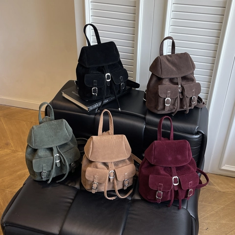 Mini Zaino Vintage Effetto Scamosciato Donna Borsa Da Viaggio Casual Con Spalline Regolabili Coulisse E Tasche Con Fibbia