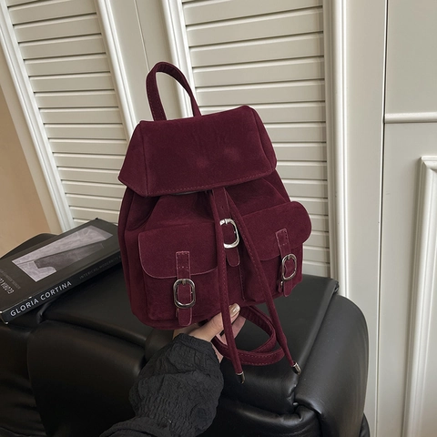 Mini Zaino Vintage Effetto Scamosciato Donna Borsa Da Viaggio Casual Con Spalline Regolabili Coulisse E Tasche Con Fibbia
