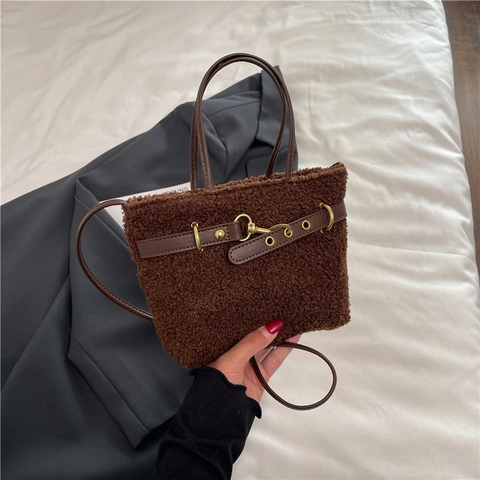 Damen Plüsch Lammwolle Handtasche Vintage Teddyfell Tote Bag Mit PU Leder Gürtel Dekor Trendy Herbst Winter Umhängetasche