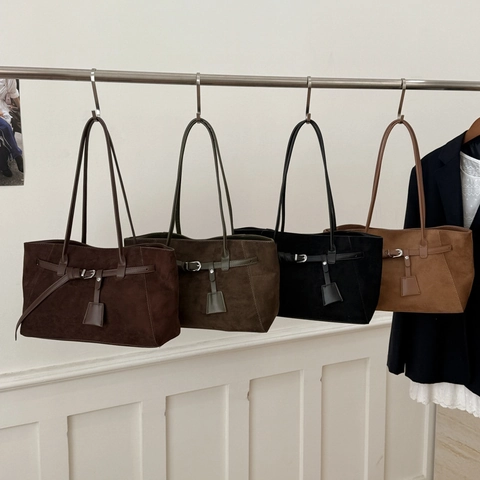 Bolso Tote Grande De Gamuza Para Mujer Bolso De Hombro De Cuero PU Minimalista Retro Con Hebilla De Cinturón Vintage