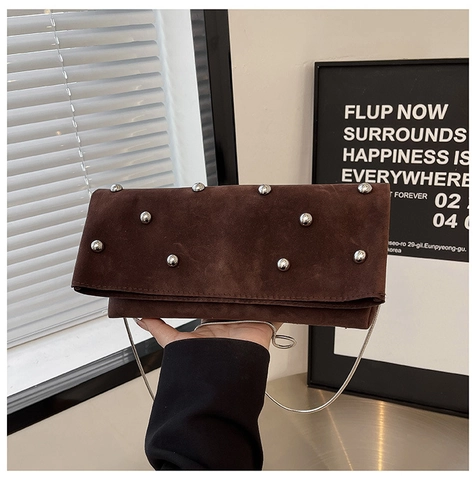 Rivet Faux Suede Clutch Bag With Chain Strap Rectangular Evening Shoulder Crossbody Purse For Women