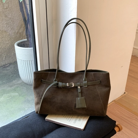 Bolso Tote Grande De Gamuza Para Mujer Bolso De Hombro De Cuero PU Minimalista Retro Con Hebilla De Cinturón Vintage