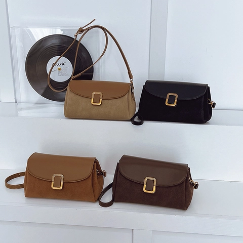 Vintage Women Flap Shoulder Bag PU Leather Suede Patchwork Square Crossbody Bag With Gold Buckle For Commute