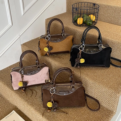 Borsa Boston Donna PU Pelle Camoscio Patchwork Fiocco Tracolla Borsa A Mano Retrò Elegante Con Ciondolo