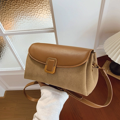 Vintage Women Flap Shoulder Bag PU Leather Suede Patchwork Square Crossbody Bag With Gold Buckle For Commute