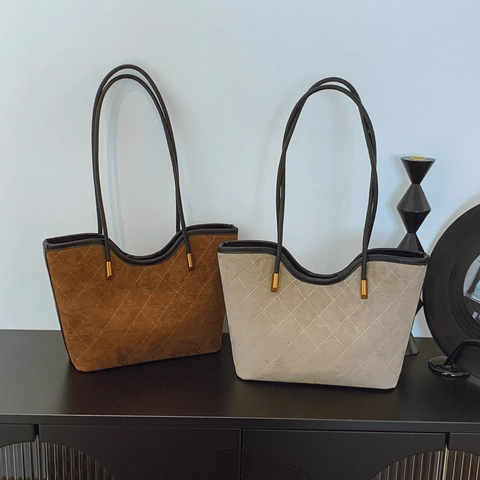 Borsa Tote Trapuntata Donna Retro Camoscio Cuciture Diamante Borsa A Spalla Grande Capacità Borsa Elegante Stile Ufficio