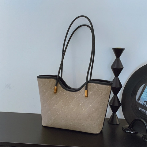 Borsa Tote Trapuntata Donna Retro Camoscio Cuciture Diamante Borsa A Spalla Grande Capacità Borsa Elegante Stile Ufficio