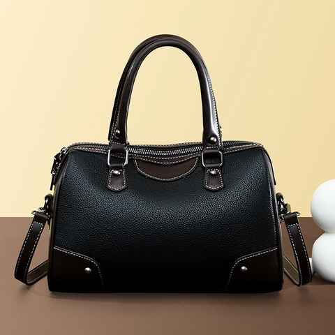 Borsa A Mano Boston Retro Donna Pelle PU Grana Litchi Colore A Contrasto Grande Capacità Borsa A Tracolla Chiusura Lampo