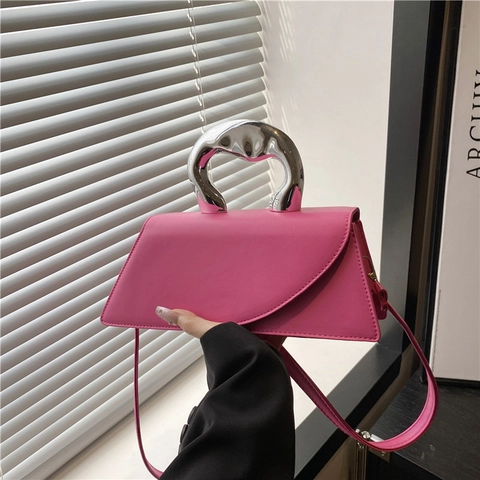 Geometrische Asymmetrische Schoudertas Dames PU Leer Moderne Handtas Met Onregelmatig Zilveren Metalen Handvat Street Style