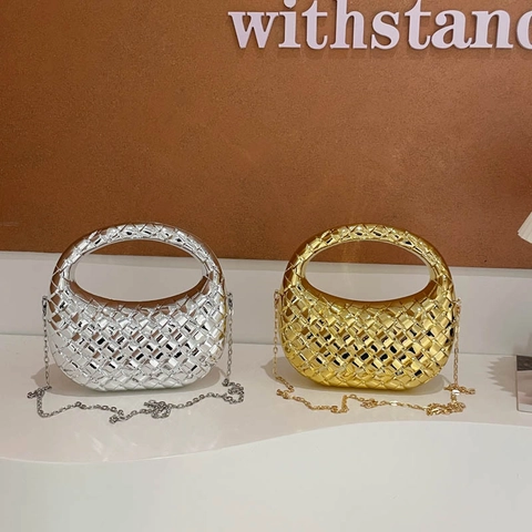 Women Metallic Acrylic Woven Handbag With Metal Chain Strap Luxury Half Moon Crossbody Bag For Party Evening Banquet Fashion Shoulder Bag