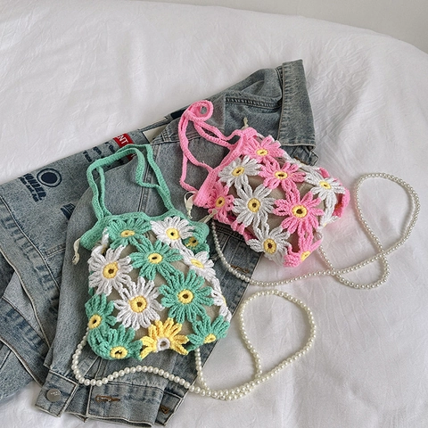 Handgefertigte Gehäkelte Gänseblümchen Tasche Gewebtes Baumwollgarn Mit Künstliche Perlenkette Kordelzug Innentasche Damen Süße Blumen