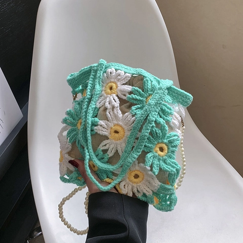 Handgefertigte Gehäkelte Gänseblümchen Tasche Gewebtes Baumwollgarn Mit Künstliche Perlenkette Kordelzug Innentasche Damen Süße Blumen
