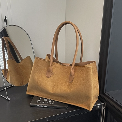 Vintage Suede Texture Tote Bag For Women Large Capacity Minimalist Solid Color Casual Commuter Shoulder Underarm Bag