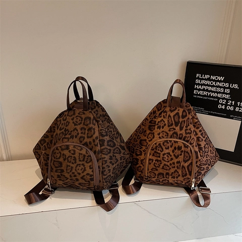 Mochila Estampado Leopardo Mujeres Vintage Street Trend Gran Capacidad Textura Terciopelo Correas Ajustables Bolso Viaje