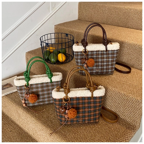 Retro Plaid Tweed Handbag With Faux Lamb Wool Trim Knot PU Leather Handle Crossbody Bag For Women Autumn Winter Style