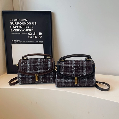 Vintage Tweed Plaid Crossbody Bag For Women With Top Handle Faux Leather Trim Golden Turn Lock Small Square Handbag
