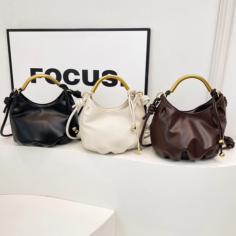 Geplooide Crossbodytas Met Gouden Metalen Handvat PU Leer Chique Trendy Minimalistische Schoudertas Met Trekkoord