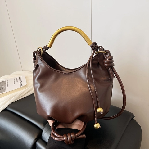 Geplooide Crossbodytas Met Gouden Metalen Handvat PU Leer Chique Trendy Minimalistische Schoudertas Met Trekkoord