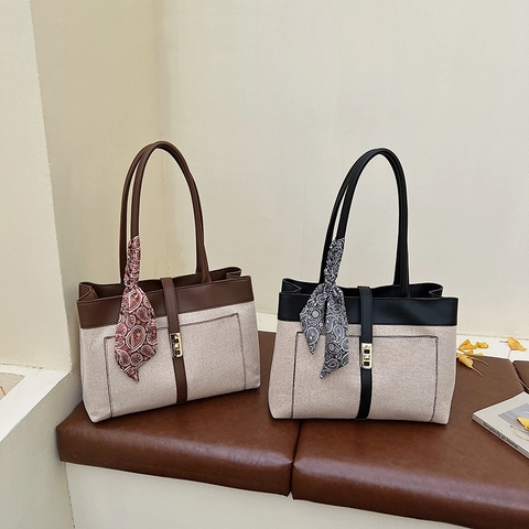 Borsa Tote In Tela Da Donna Con Rifiniture In Pelle A Contrasto Capiente Borsa A Tracolla Con Sciarpa Di Raso Decorativa