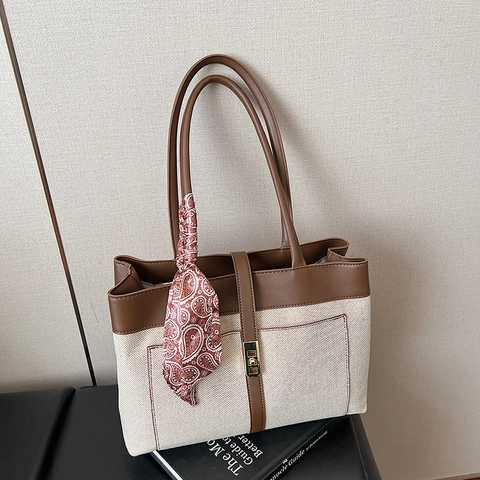 Large Capacity Tote Bag For Women Canvas PU Leather Stitching With Satin Scarf Metal Lock Retro Commuting Shoulder Bag