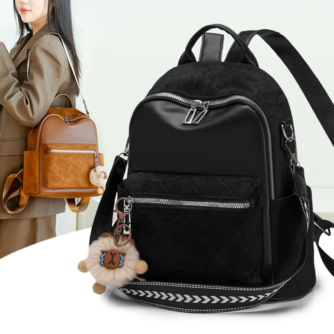 Women Fashion Backpack PU Leather Suede Patchwork Large Capacity Commuter Travel Bag With Plush Charm