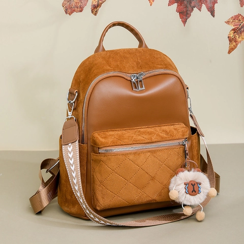 Women Fashion Backpack PU Leather Suede Patchwork Large Capacity Commuter Travel Bag With Plush Charm