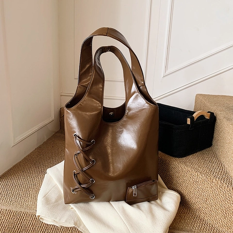 Glossy PU Leather Tote Bag Large Capacity Side Lace Up Decor Front Zipper Pocket Vintage Commuter Shoulder Bag For Women