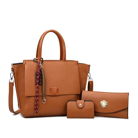 Sac Cabas en Cuir PU Grande Capacité Vintage Femmes Minimaliste Grain Litchi Sac à Main Portefeuille Porte Carte Set