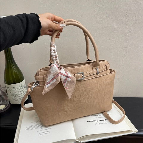 Lychee Pattern PU Leather Handbag For Women Large Capacity Crossbody Shoulder Bag With Decorative Scarf